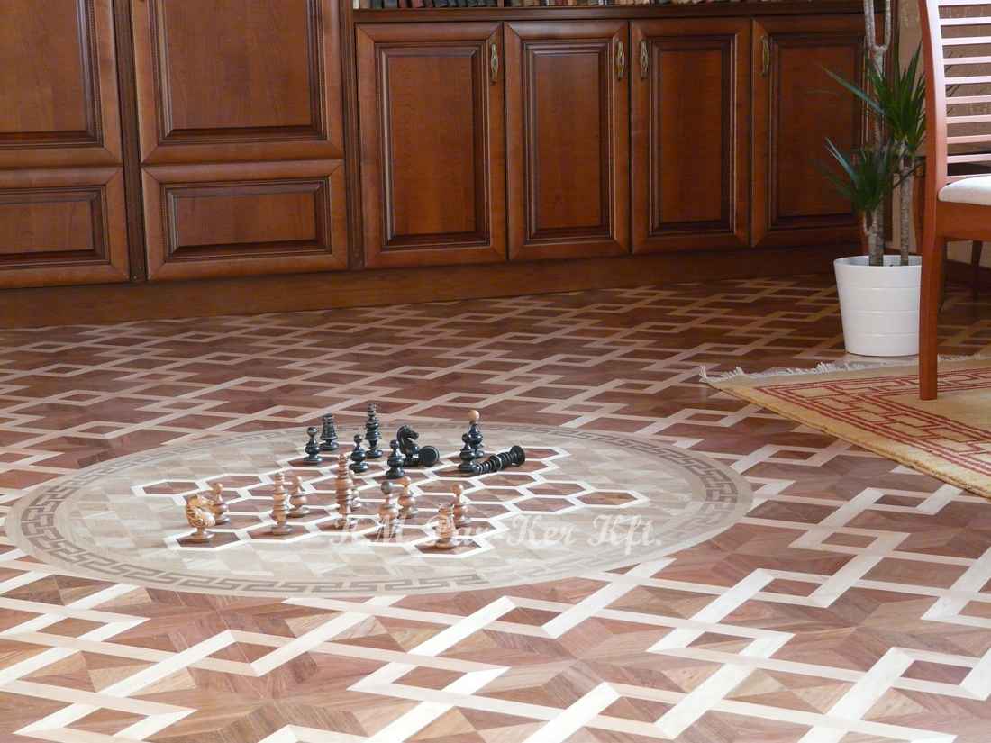 wood inlay floor medallion 09, Chess