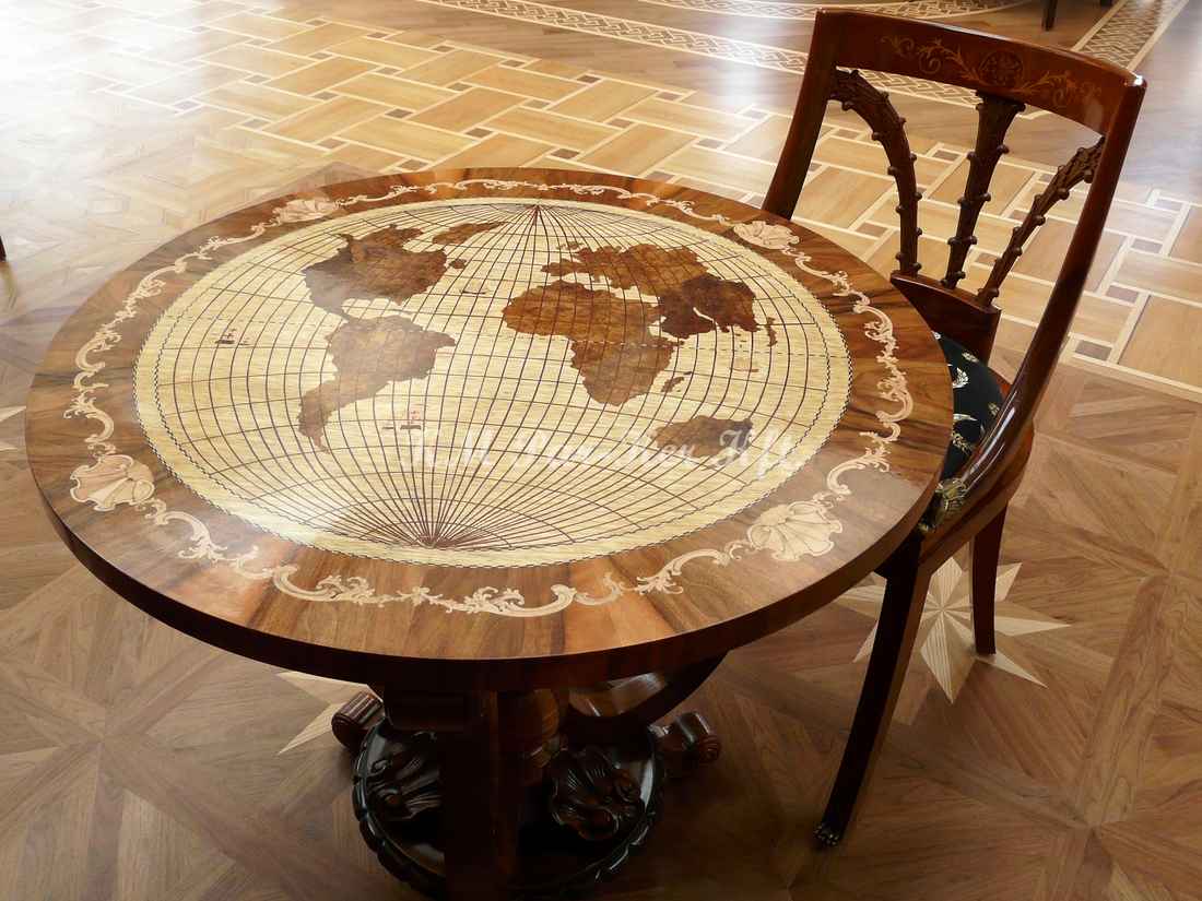 wood inlay table, Globe