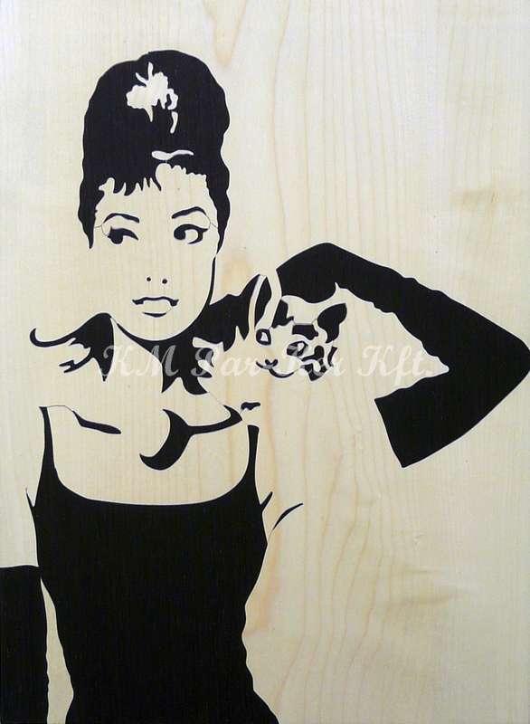 tableau en marqueterie -Audrey Hepburn et cat